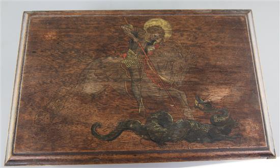 An Arts & Crafts carved and painted mahogany casket, width 12.5in. depth 7.75in. height 7in.